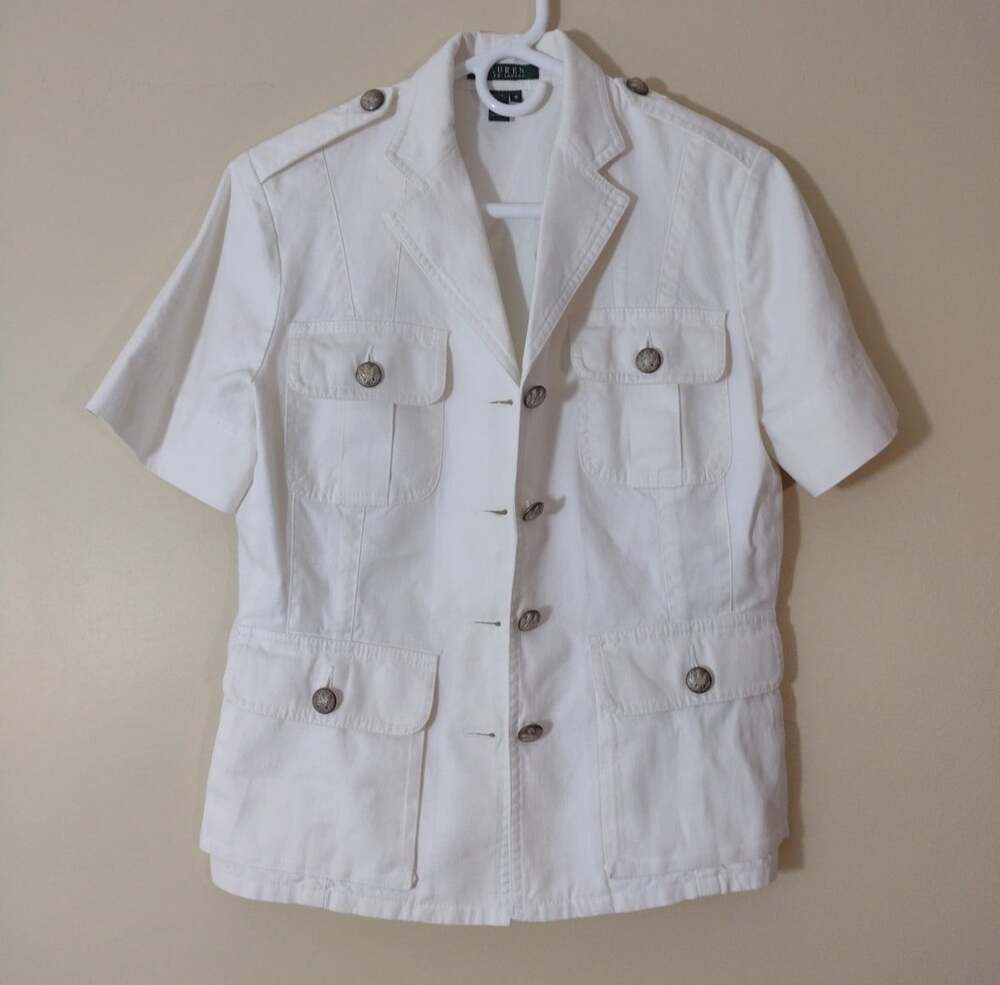 Ralph Lauren White Linen Blend Jacket Eagle Crest Buttons Military Sz Medium DW2